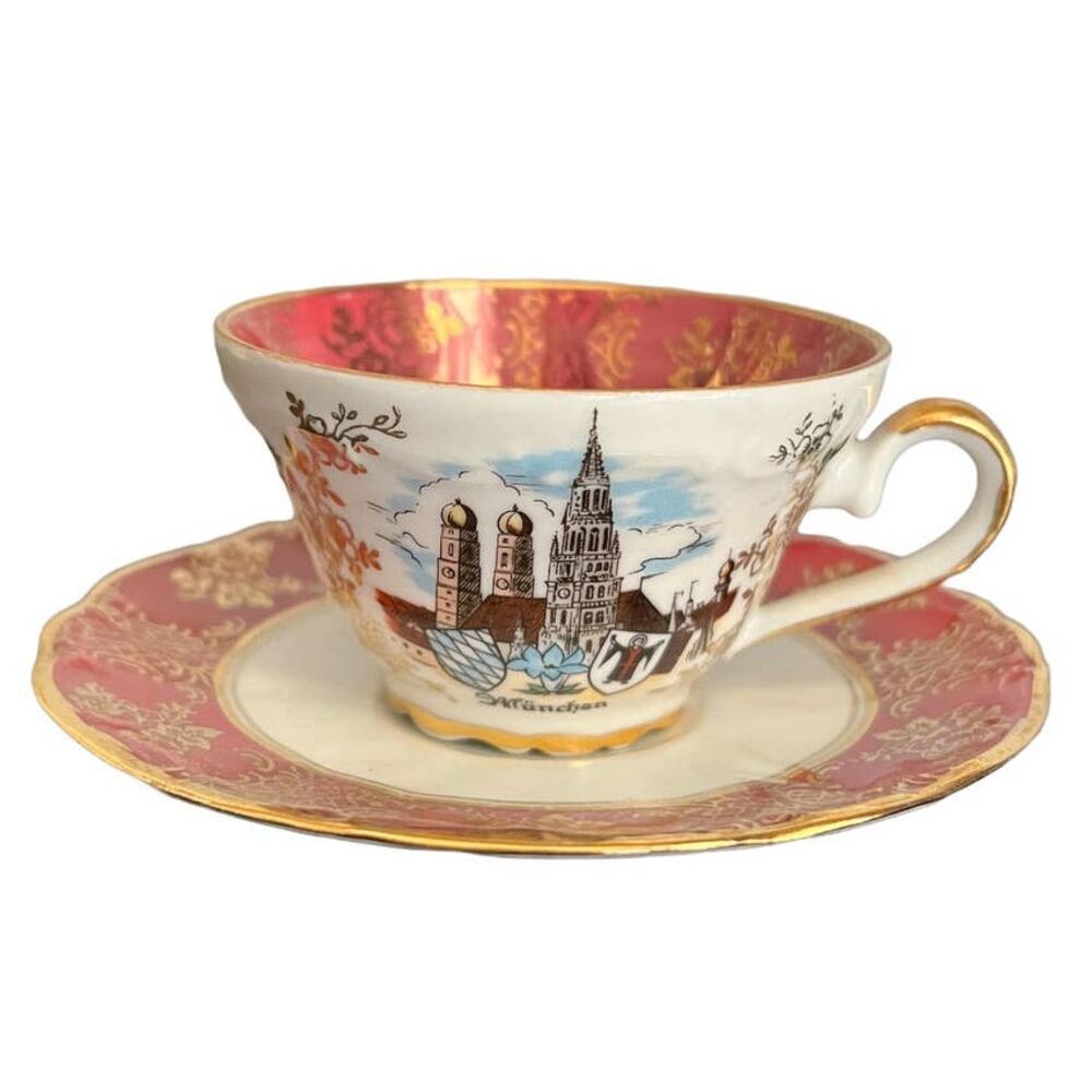 Vintage Kunst-Palette Souvenir Cup Saucer Munchen Munich Germany Pink White Gold
